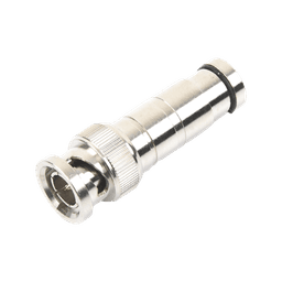 Conector BNC Macho en 75 Ohm, de Compresión Axial para Cable Coaxial RG-59/U, Níquel/ Oro/ Politetrafluoroetileno.