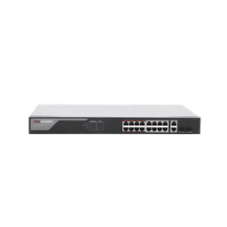 Switch Monitoreable PoE+ / 16 puertos 100 Mbps PoE+ / 2 Puertos 1000 Mbps Uplink + 2 Puertos SFP de Uplink / PoE hasta 250 Metros / Conexión Remota desde Hik-PartnerPro / 230 Watts