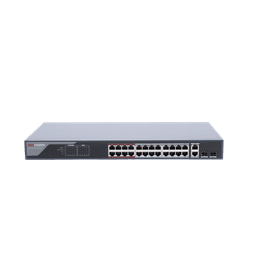 Switch Monitoreable PoE+ / 24 Puertos 100 Mbps PoE+ / 2 Puertos 1000 Mbps + 2 Puertos SFP de Uplink / PoE hasta 250 Metros / Conexión Remota desde Hik-PartnerPro / 370 Watts