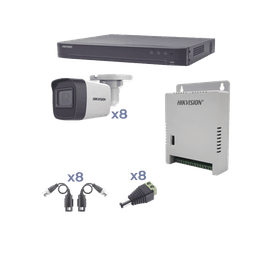 KIT TurboHD 1080p / DVR 8 Canales / 8 Cámaras Bala (exterior 2.8 mm) / Transceptores / Conectores / Fuente de Poder Profesional hasta 15 Vcc para Larga Distancia